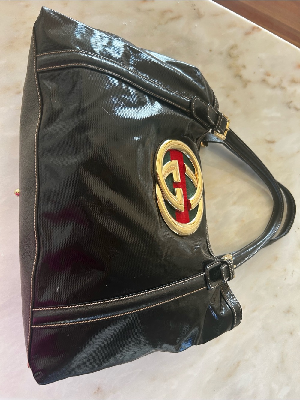 Gucci Black Shoulder Bag with Gold and Red Logo